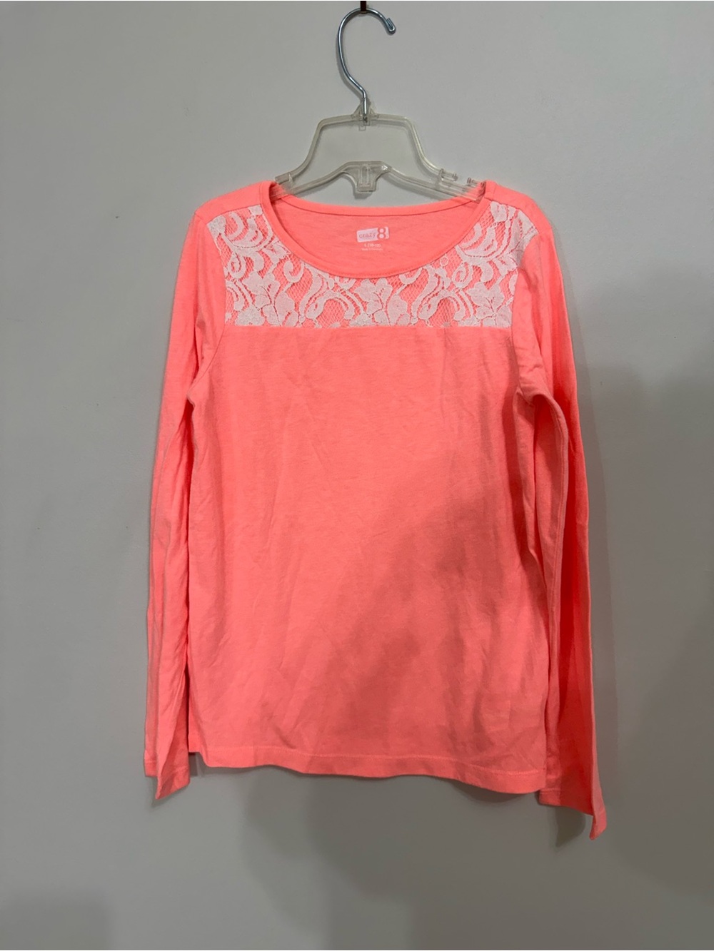 Crazy 8 Girls Large (10/12) Soft Coral Long Sleeve Top with Pretty Lace Yoke EUC